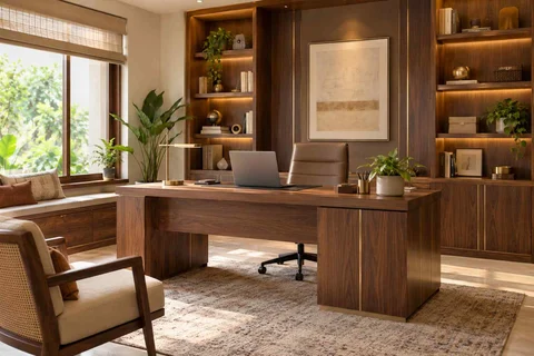 AI-generated home office concept: office and video call bay, rosewood brass direction