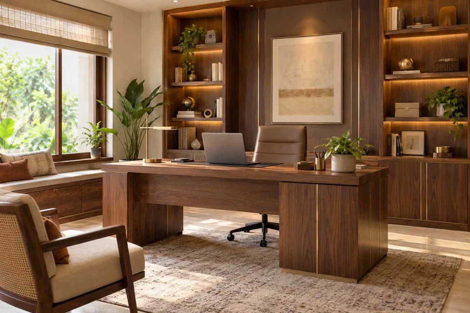 AI-generated home office concept: office and video call bay, rosewood brass direction