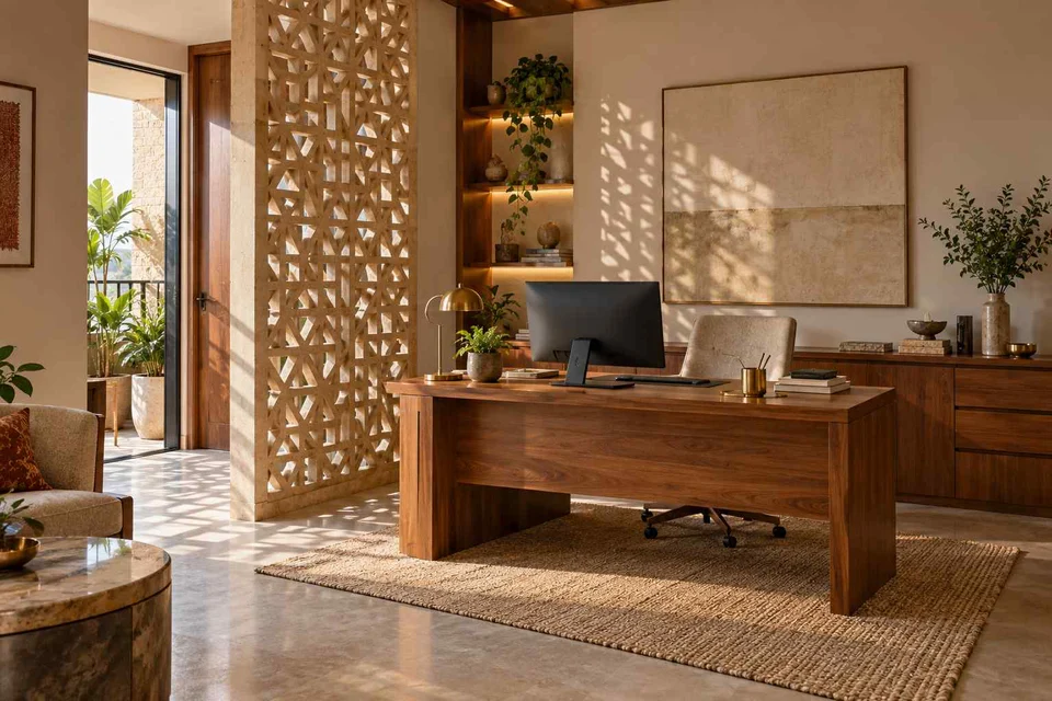 AI-generated home office concept: office and video call bay, sandstone lattice direction