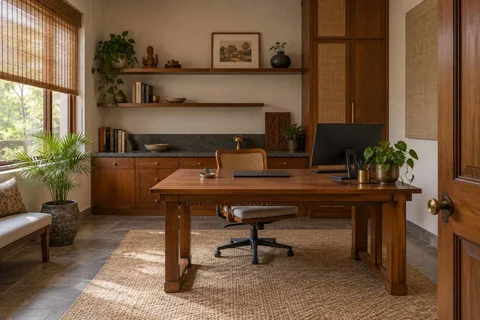 AI-generated home office concept: office and video call bay, teak craft direction