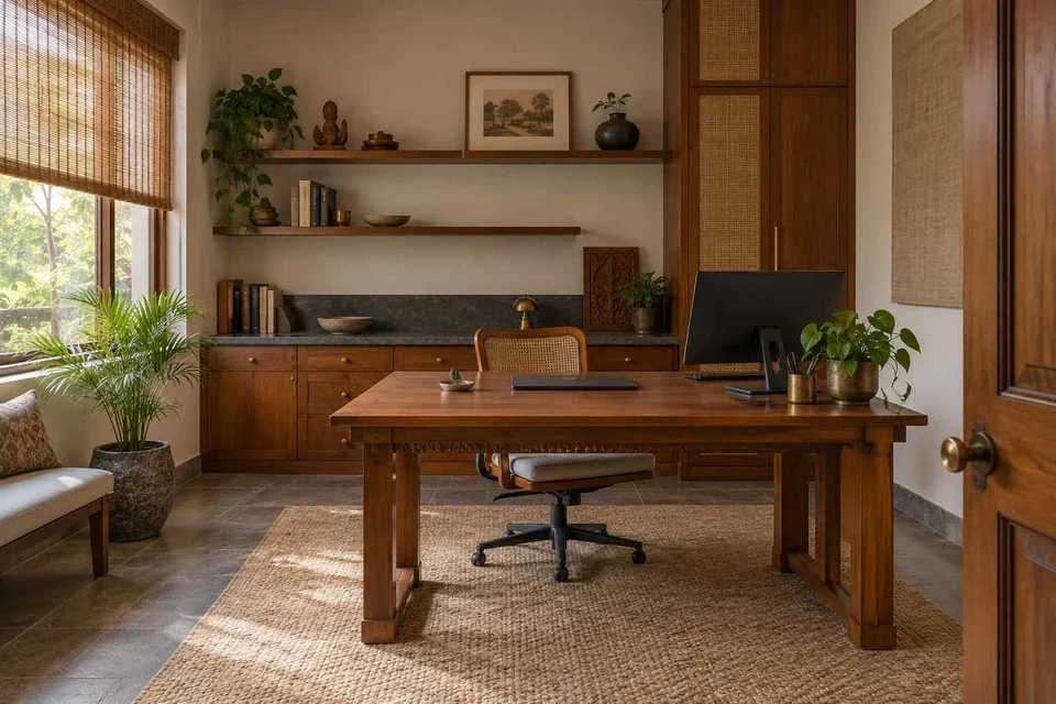 AI-generated home office concept: office and video call bay, teak craft direction