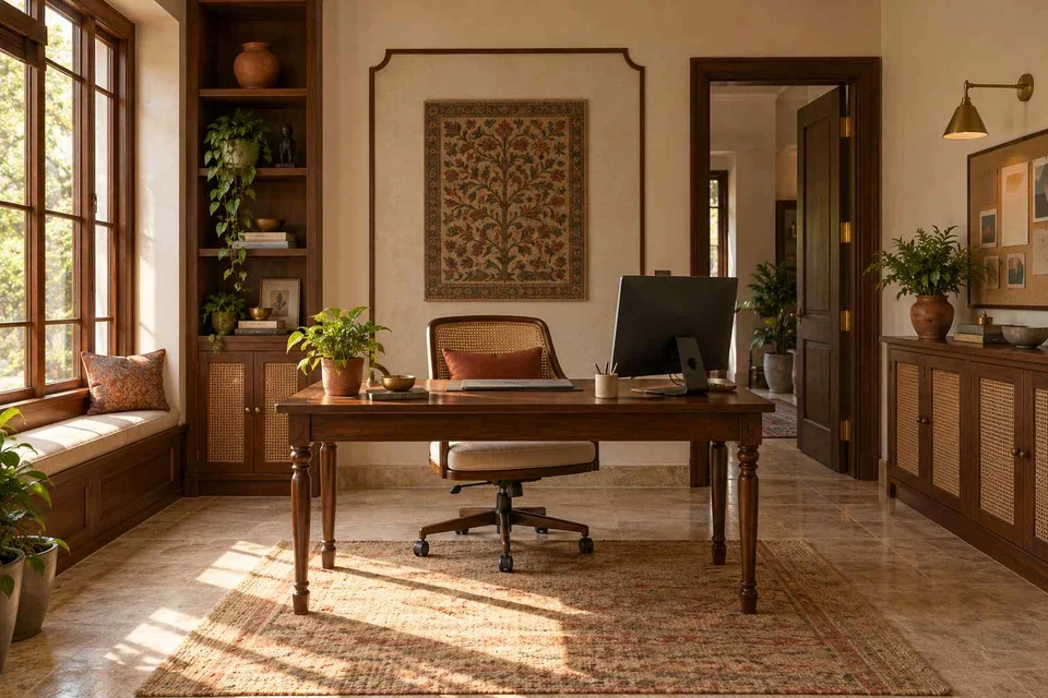 AI-generated home office concept: office and video call bay, terracotta heritage direction