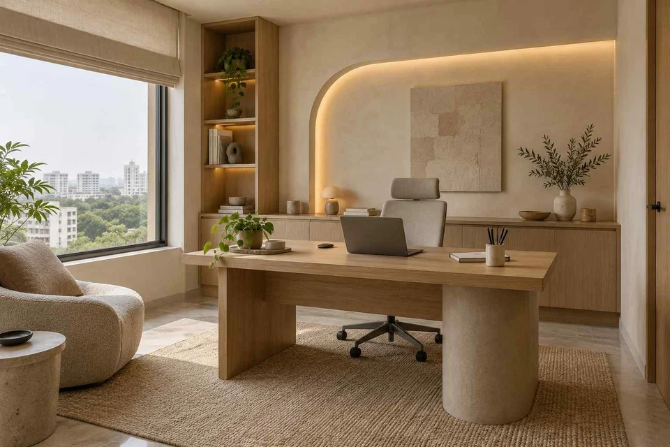 AI-generated home office concept: office and video call bay, textured mineral direction