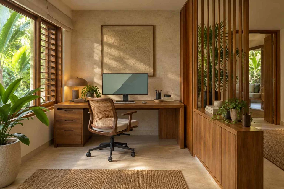 AI-generated home office concept: office and video call bay, tropical slatted direction