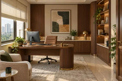 AI-generated home office concept: office and video call bay, urban deco direction