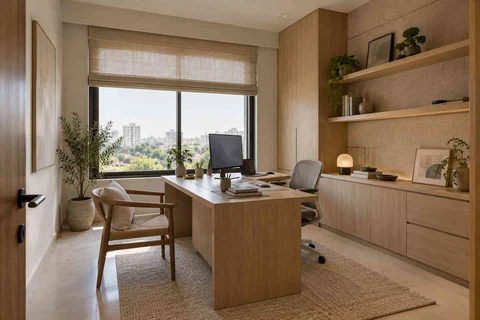 AI-generated home office concept: office with visitor chair, ash and linen direction