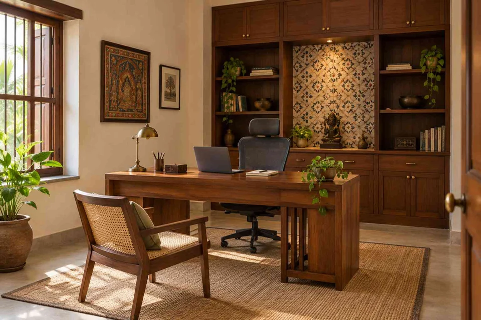 AI-generated home office concept: office with visitor chair, chettinad tile direction