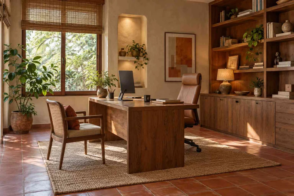 AI-generated home office concept: office with visitor chair, clay artisan direction