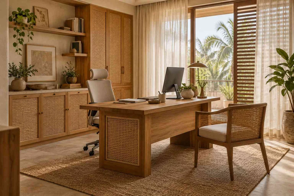 AI-generated home office concept: office with visitor chair, coastal woven direction