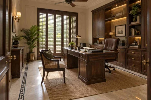 AI-generated home office concept: office with visitor chair, colonial quiet direction