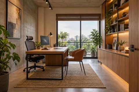 AI-generated home office concept: office with visitor chair, concrete and oak direction