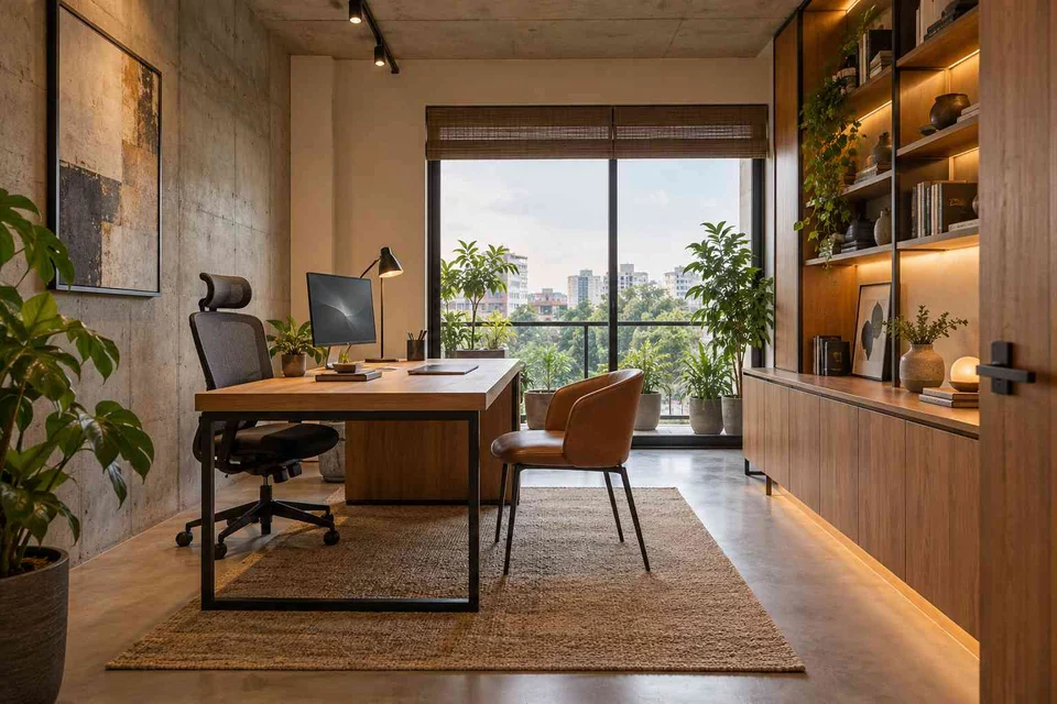 AI-generated home office concept: office with visitor chair, concrete and oak direction