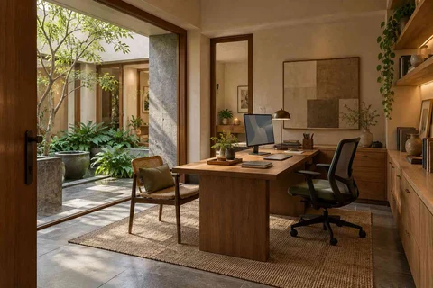 AI-generated home office concept: office with visitor chair, courtyard modern direction