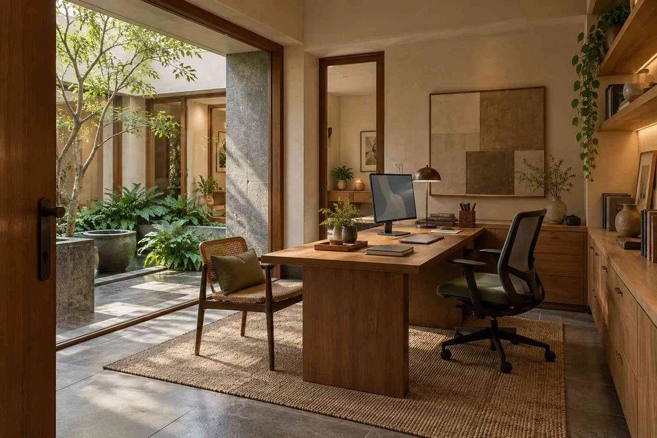 AI-generated home office concept: office with visitor chair, courtyard modern direction