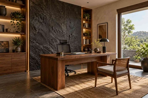 AI-generated home office concept: office with visitor chair, deccan stone direction