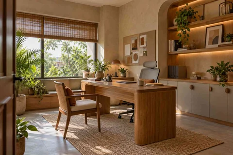 AI-generated home office concept: office with visitor chair, earth and bamboo direction