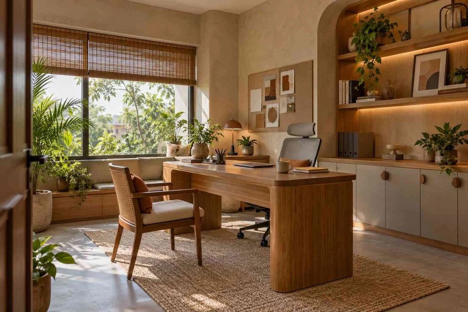 AI-generated home office concept: office with visitor chair, earth and bamboo direction