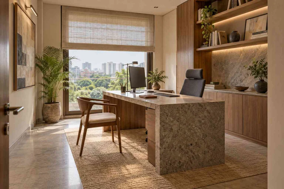 AI-generated home office concept: office with visitor chair, granite precision direction