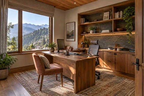 AI-generated home office concept: office with visitor chair, hill timber direction