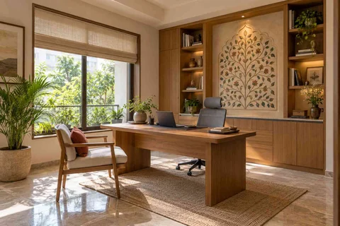 AI-generated home office concept: office with visitor chair, inlay atelier direction