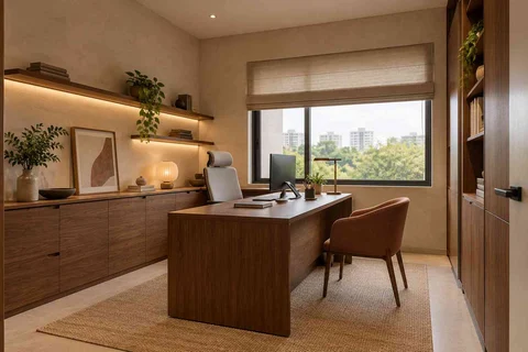AI-generated home office concept: office with visitor chair, lime and walnut direction