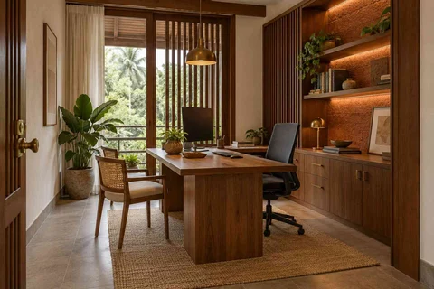 AI-generated home office concept: office with visitor chair, malabar timber direction