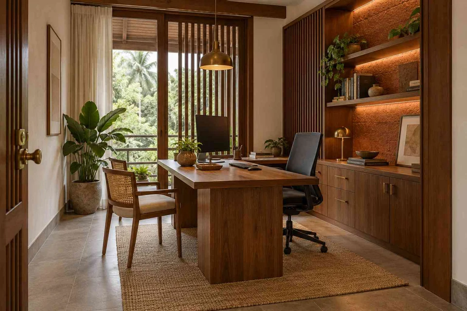 AI-generated home office concept: office with visitor chair, malabar timber direction