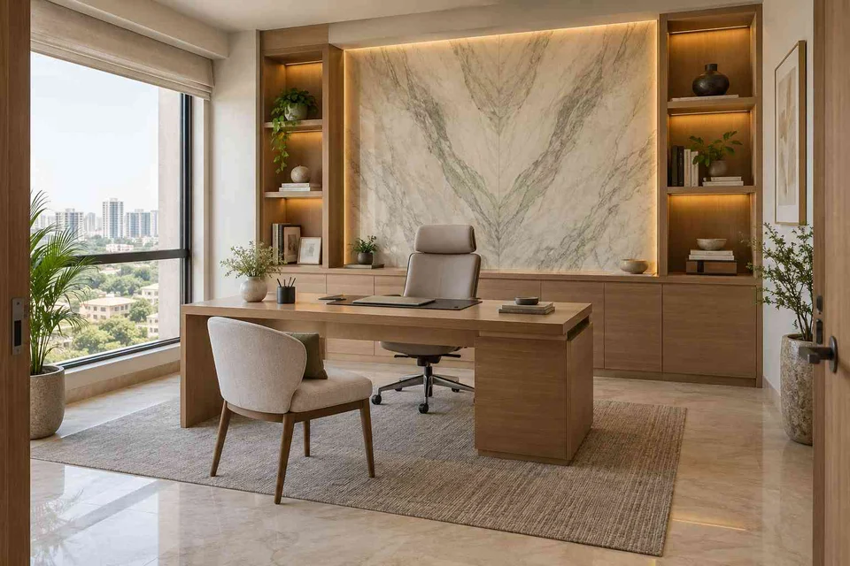 AI-generated home office concept: office with visitor chair, marble restraint direction