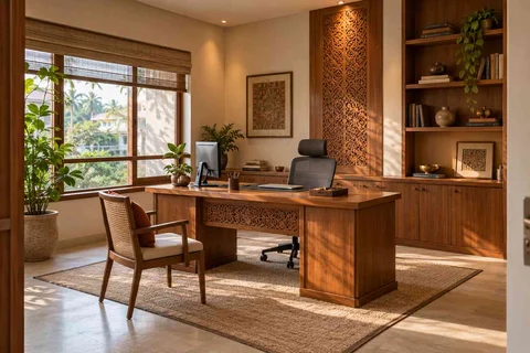 AI-generated home office concept: office with visitor chair, modern carved direction