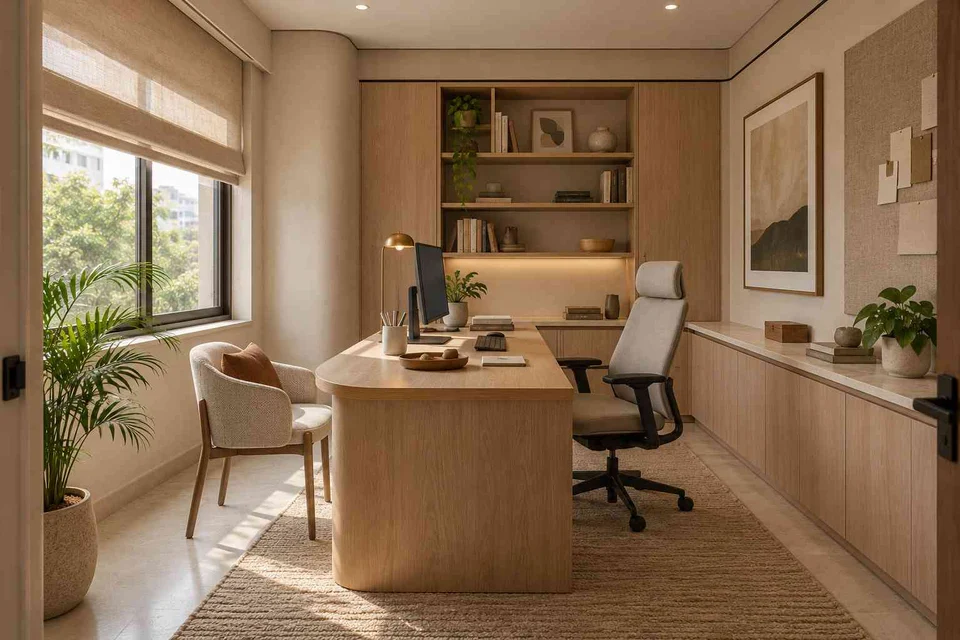 AI-generated home office concept: office with visitor chair, quiet contemporary direction