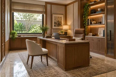 AI-generated home office concept: office with visitor chair, quiet transitional direction