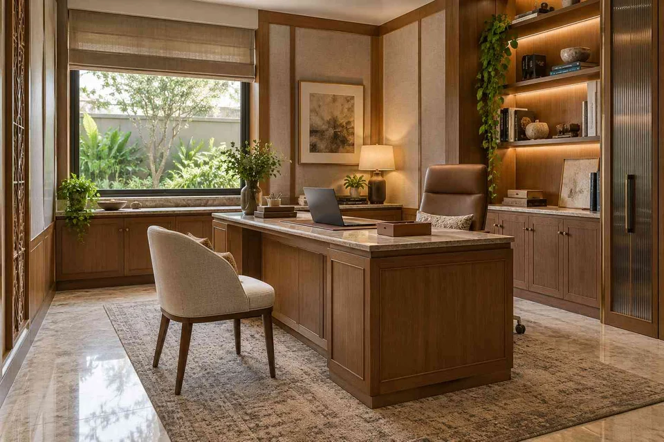 AI-generated home office concept: office with visitor chair, quiet transitional direction