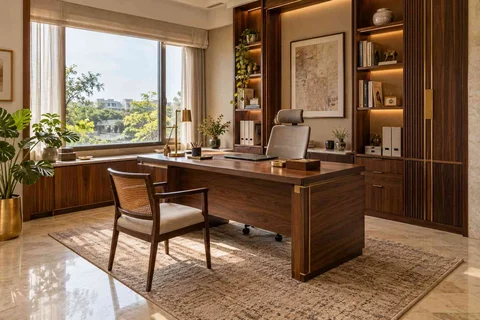 AI-generated home office concept: office with visitor chair, rosewood brass direction