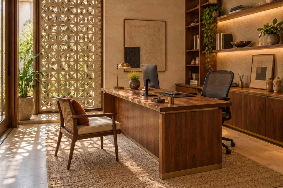 AI-generated home office concept: office with visitor chair, sandstone lattice direction