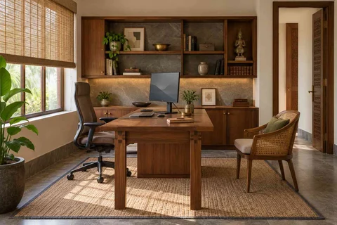 AI-generated home office concept: office with visitor chair, teak craft direction