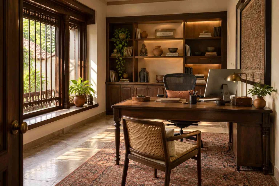 AI-generated home office concept: office with visitor chair, terracotta heritage direction