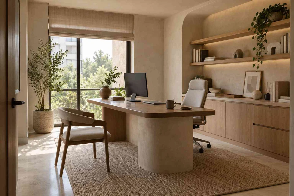 AI-generated home office concept: office with visitor chair, textured mineral direction