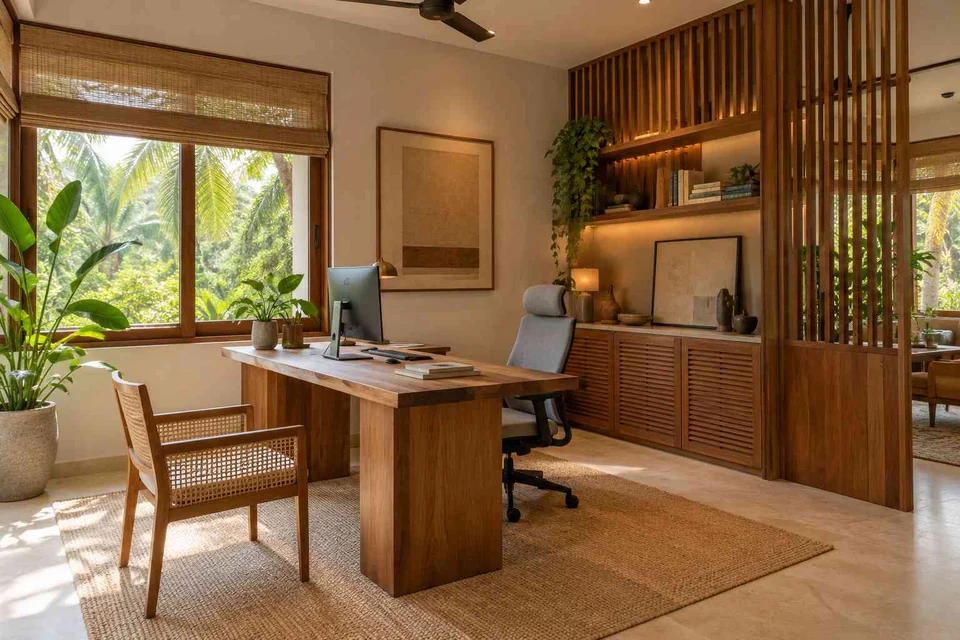 AI-generated home office concept: office with visitor chair, tropical slatted direction