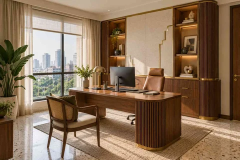 AI-generated home office concept: office with visitor chair, urban deco direction