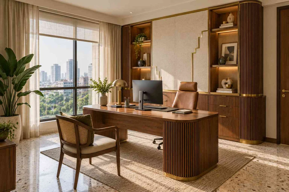 AI-generated home office concept: office with visitor chair, urban deco direction
