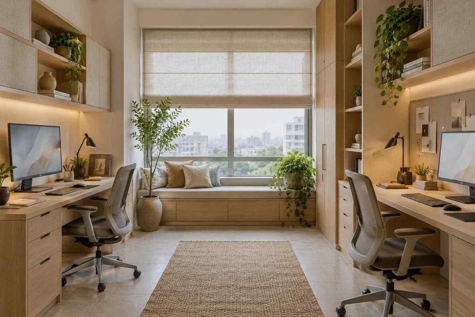 AI-generated home office concept: parallel two-person study, ash and linen direction