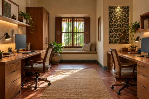AI-generated home office concept: parallel two-person study, chettinad tile direction
