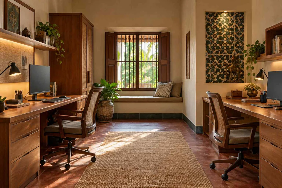 AI-generated home office concept: parallel two-person study, chettinad tile direction