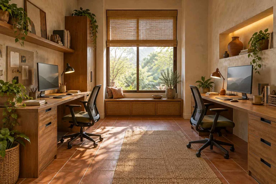 AI-generated home office concept: parallel two-person study, clay artisan direction