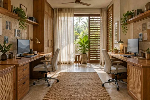AI-generated home office concept: parallel two-person study, coastal woven direction