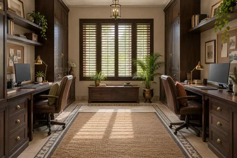 AI-generated home office concept: parallel two-person study, colonial quiet direction