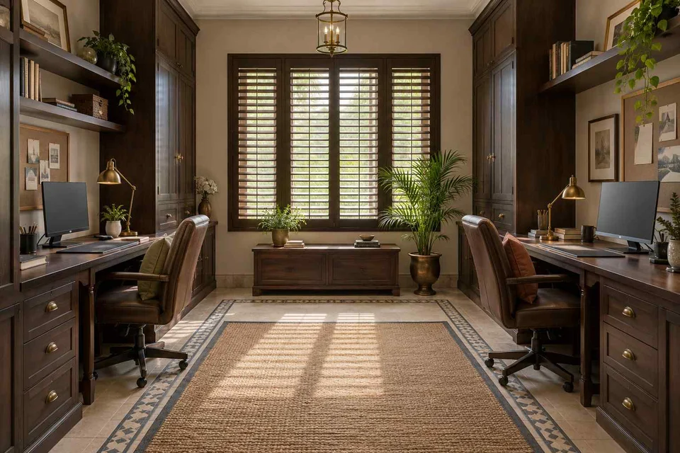 AI-generated home office concept: parallel two-person study, colonial quiet direction