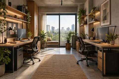 AI-generated home office concept: parallel two-person study, concrete and oak direction
