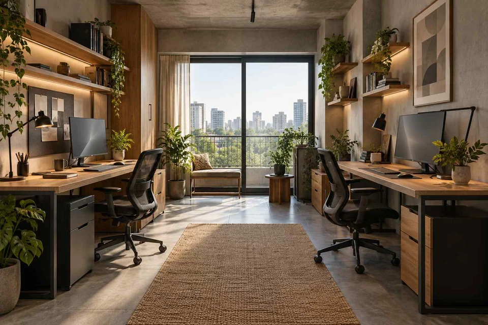 AI-generated home office concept: parallel two-person study, concrete and oak direction