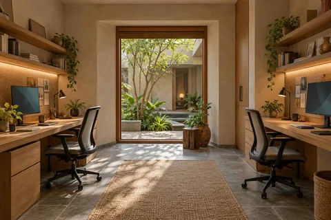 AI-generated home office concept: parallel two-person study, courtyard modern direction